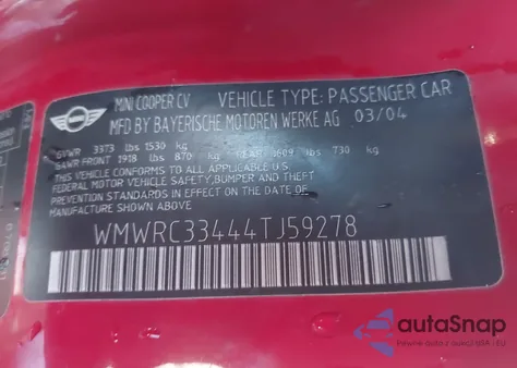 2004 Mini Cooper z USA, uszkodzony, nr VIN WMWRC33444TJ59278